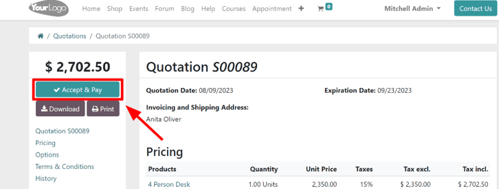 The accept and pay button on an online quotation in SotaERP Sales.