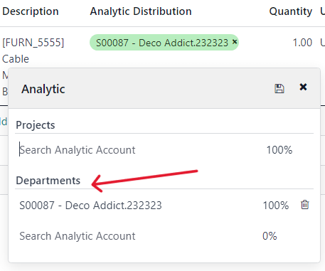 How to select the Analytic Distribution department from a purchase order in SotaERP.