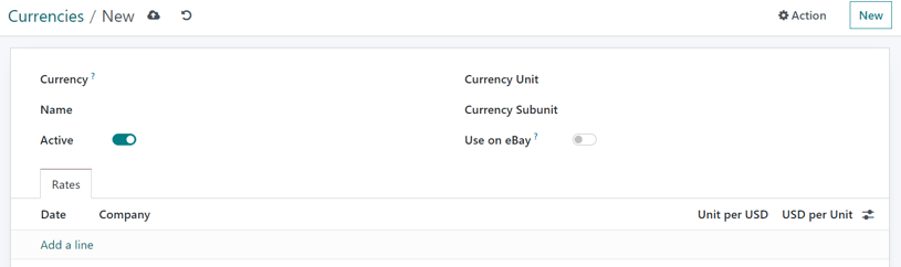 How a blank currency detail form looks in SotaERP Accounting.
