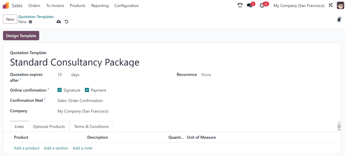 Create a new quotation template on SotaERP Sales.