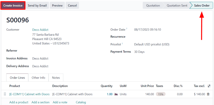 Cabinet with doors sales order that's been confirmed in the SotaERP Sales application.
