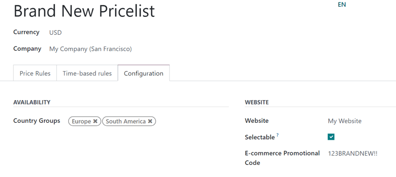 Configuration tab on pricelist detail form in SotaERP Sales.