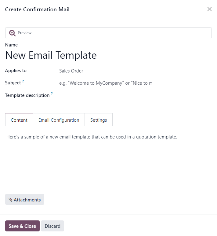 Create confirmation mail pop-up window from the quotation template form in SotaERP Sales.