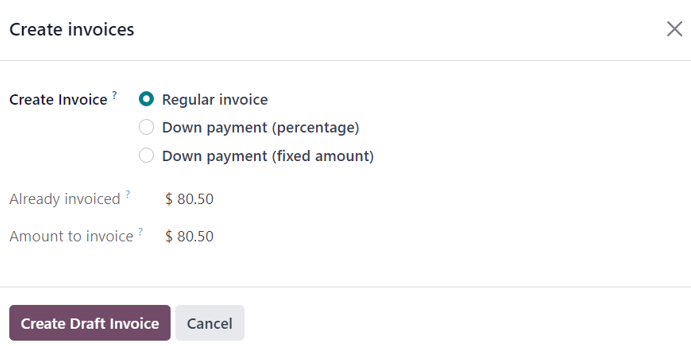 The deduct down payment option on the create invoices pop up in SotaERP Sales.