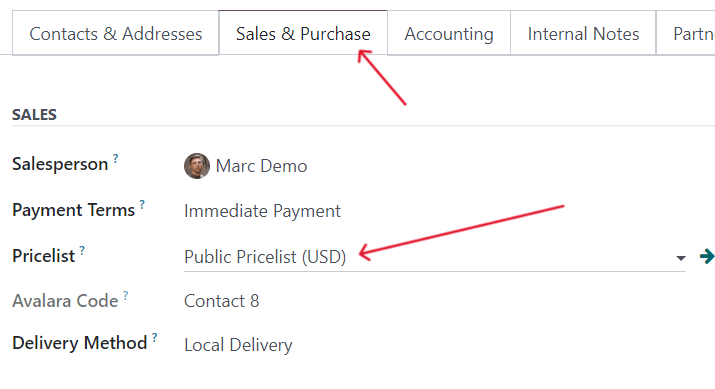 The pricelist field in a customer detail form in SotaERP Sales.