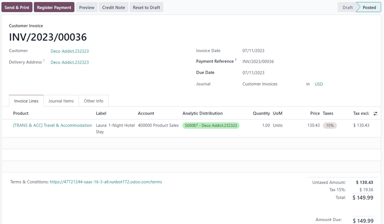 Sample customer invoice for an expense generated from a sales order in SotaERP Sales.
