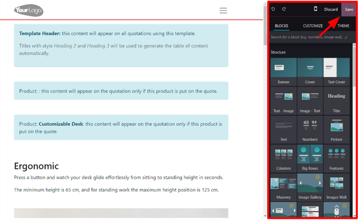 Design quotation template building blocks sidebar in SotaERP Website.
