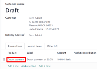 Down payment as a product in the invoice lines tab of a customer invoice draft in SotaERP.