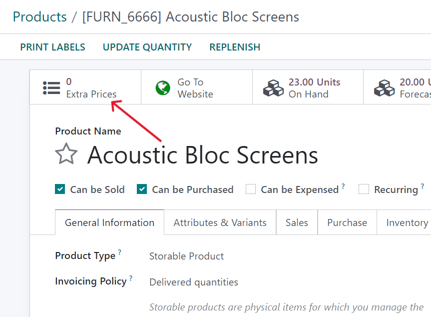 How the extra prices smart button appears in SotaERP Sales.