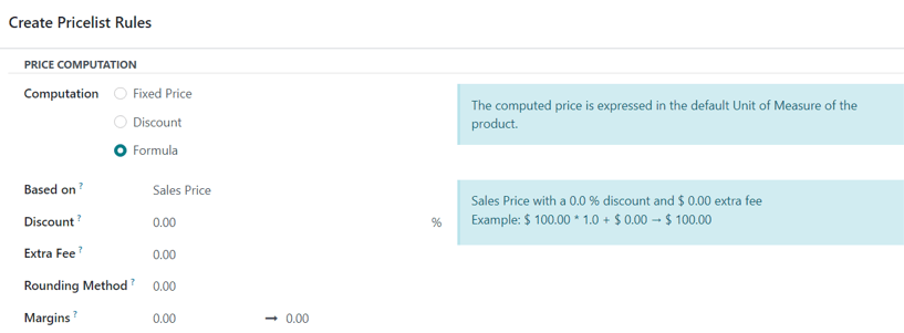The various formula computation options present in SotaERP Sales.