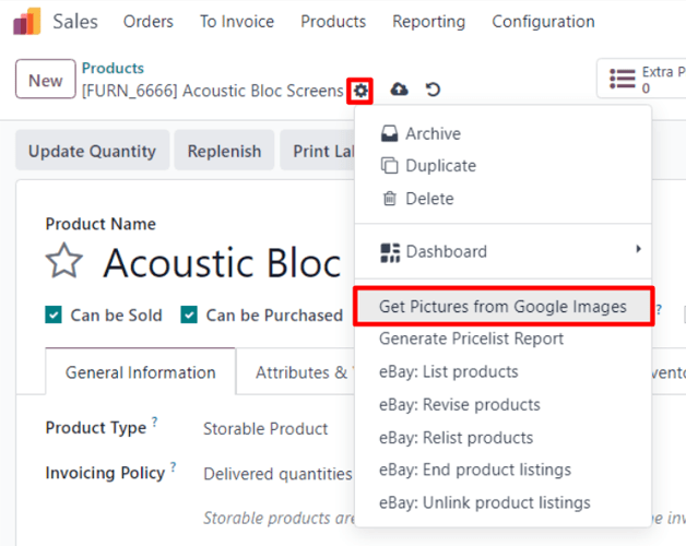 The Get Pictures from Google Images option from the Action drop-down menu in SotaERP.