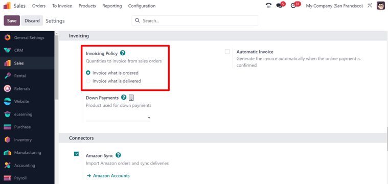 Choosing an invoicing policy on SotaERP Sales.