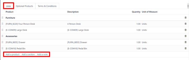 Populated lines tab on a quotation template form in SotaERP Sales.