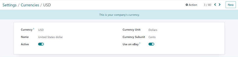 How a main currency detail form looks in SotaERP Accounting.