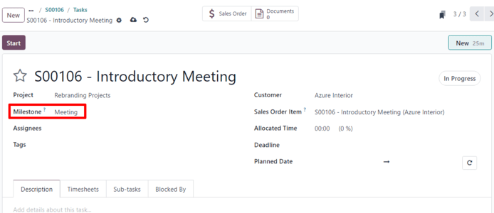 The milestone field on the task form when dealing with milestone products in SotaERP Sales.