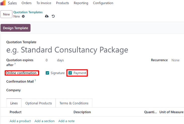 The online payment setting on quotation template forms in SotaERP Sales.