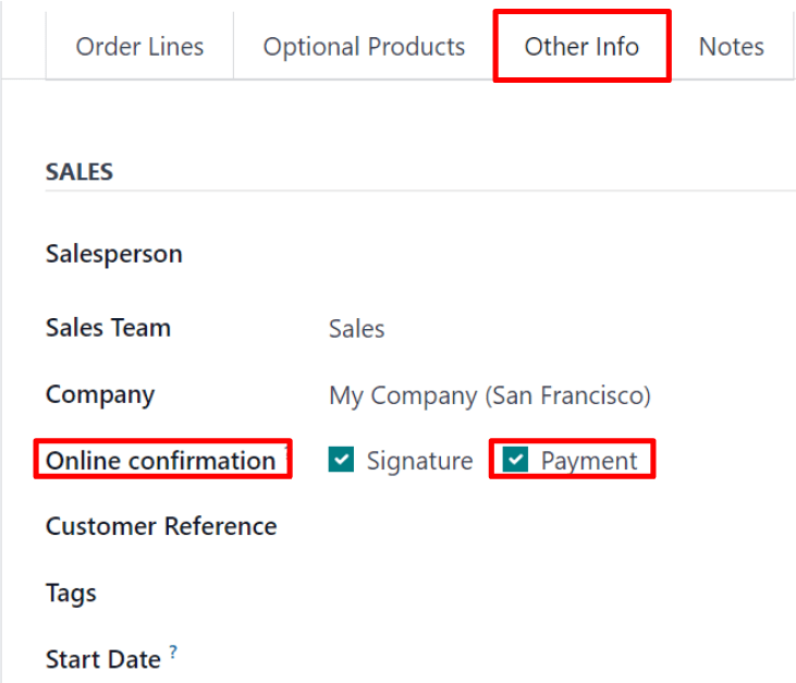The online payment setting on a standard quotation in SotaERP Sales.