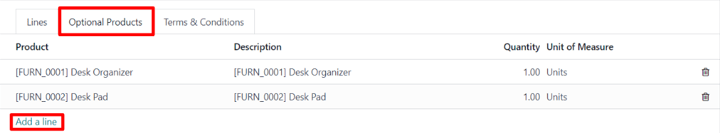 Populated optional products tab on a quotation template in SotaERP Sales.