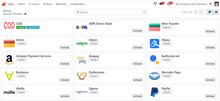 Payment providers page in SotaERP Sales.