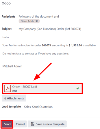 The email pop-up window that appears with pro-forma invoice attached in SotaERP Sales.