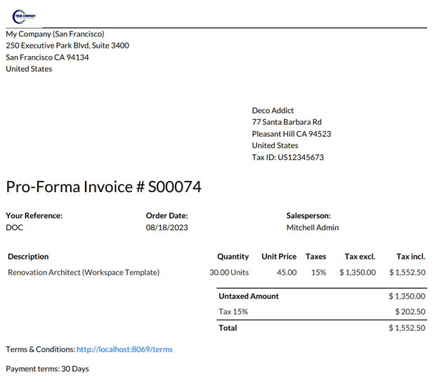 Sample pro-forma invoice PDF from SotaERP Sales.