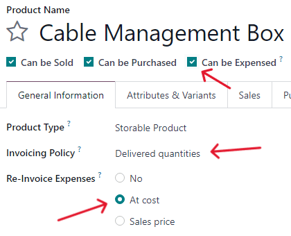 Product settings for a purchase order to be invoiced on a sales order in SotaERP.