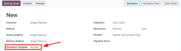 Quotation templates field on a standard quotation form in SotaERP Sales.