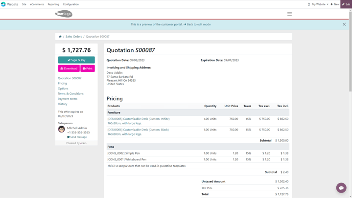 Customer preview of a quotation template in SotaERP Sales.