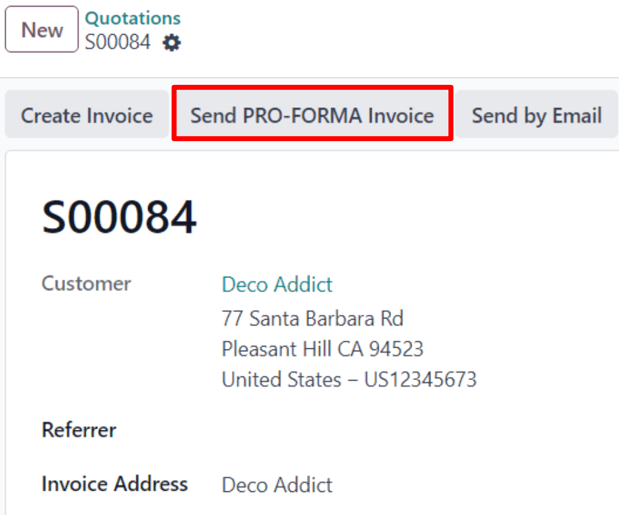 The Send Pro-Forma Invoice button on a typical sales order in SotaERP Sales.