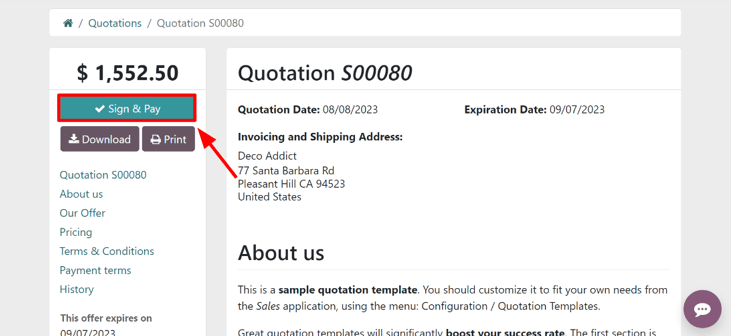 The Sign and Pay button present on online quotations in SotaERP Sales.