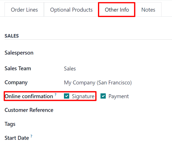 The online signature feature option in the Other Info tab of a quotation form in SotaERP.