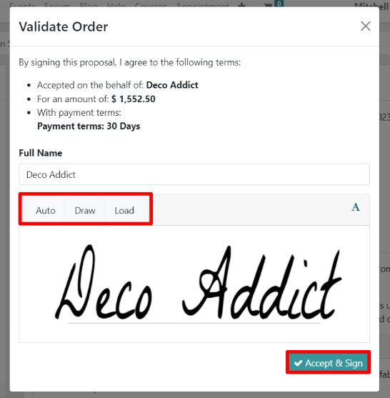 The Validate Order pop-up window for online signatures in SotaERP Sales.