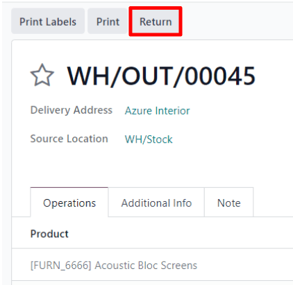 A validated delivery order with a highlighted Return button in SotaERP Sales.